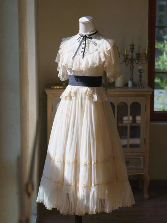 Beige Klassische Taille Schwarz Elegante Kleid Ausschnitt Lolita Illusion Edward Gürtel mit