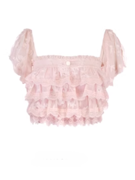 Flounce With Sakura Pink Chiffon Overlay Top Floral Embroidered Lace