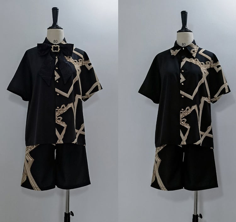 Lolita Shirt Print Bow with Frame Black Asymmetrical Ouji Tie
