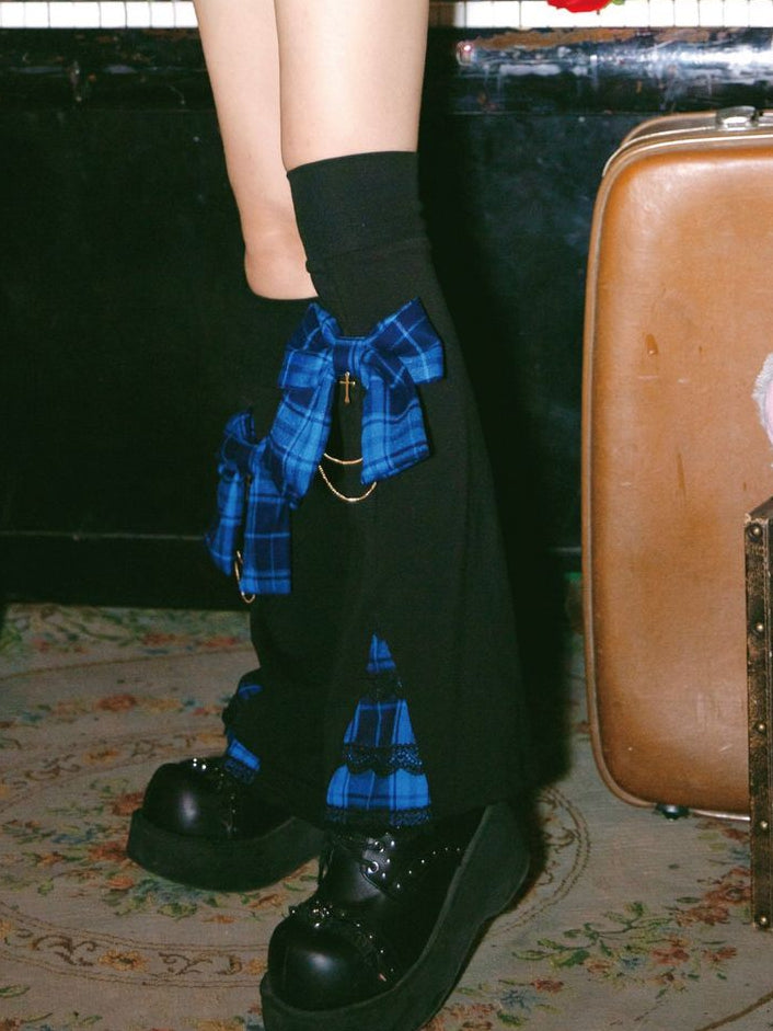 Y2K Navy Blue Plaid Bow Leg Warmers with Chain