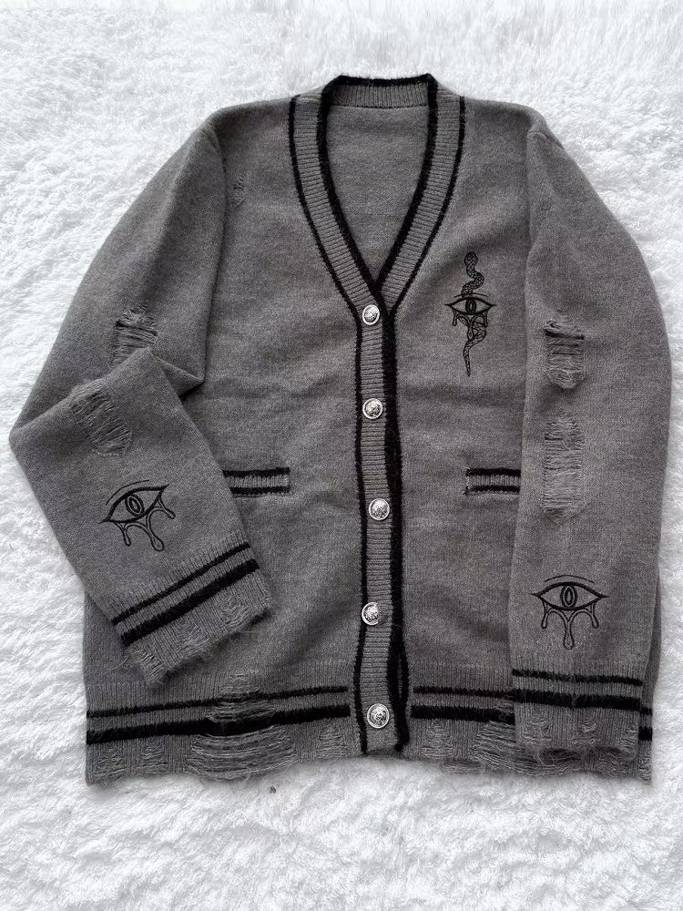 Gray with Guro Kawaii Eye and Snake Embroidery Distressed Holes Knit Cardigan