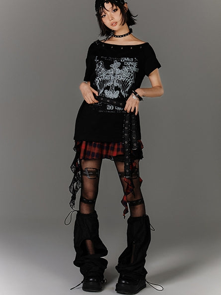 Y2K Glamouröser Gürtel mit schwarzem Kreuzdruck und Taillen-T-Shirt
