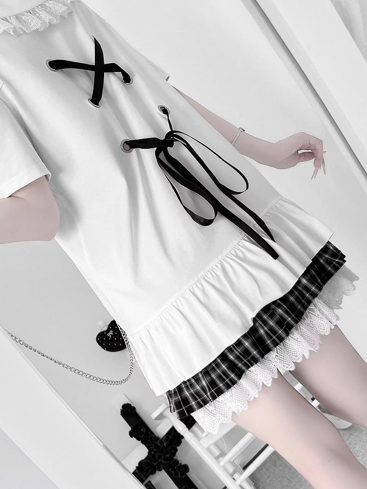 Anime Girl Print Peter Pan Collar Lace-up Details Dress Bittersweet White