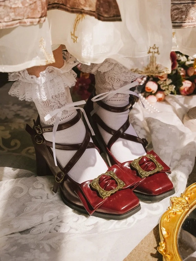 Crisscross Mid-Heel Square Schuhe Fashion Wine Design - Rot 1990er Jahre Zehe Vintage