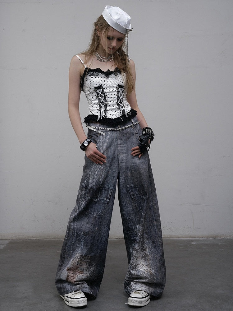 Print Lace Jeans Cut Wide-leg Blue Chain Punk Wasteland Details