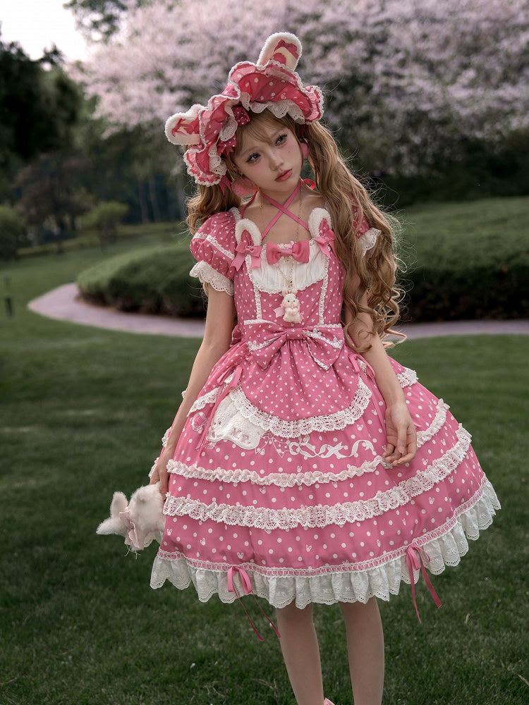 Ears Square Pattern Dress Bunny Polka Dots Lolita Neckline Pink Plush Sweet Dark