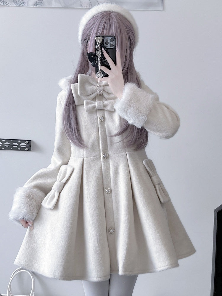 Bowknot Jirai Beige Kei Details Collar and Decorated Plush Cuffs Coat Beaded