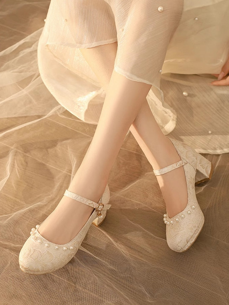 Beige Heels Pattern Lolita Floral Block Mid Details Beads Qi Satin -
