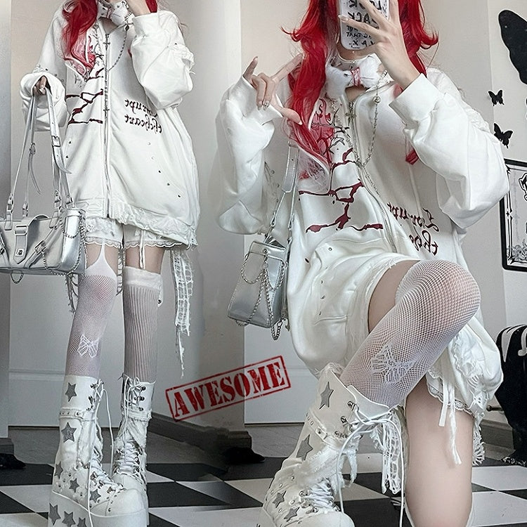 Guro Cat Print Heart Decorated Zip-up And Ear Hoodie White Letter Kawaii Studs