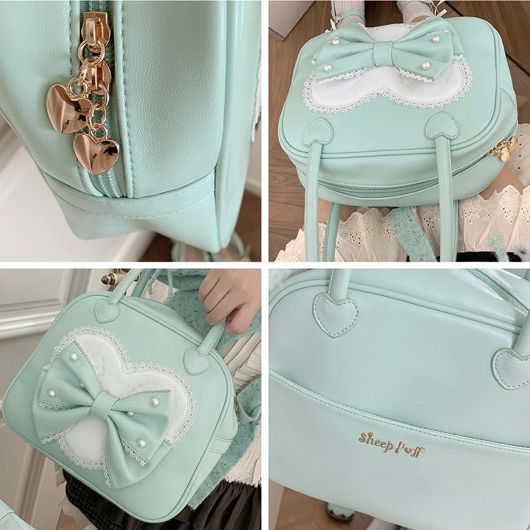Beaded Sweet Heart Bag Lolita Green Decorated Hand Bowknot Plush