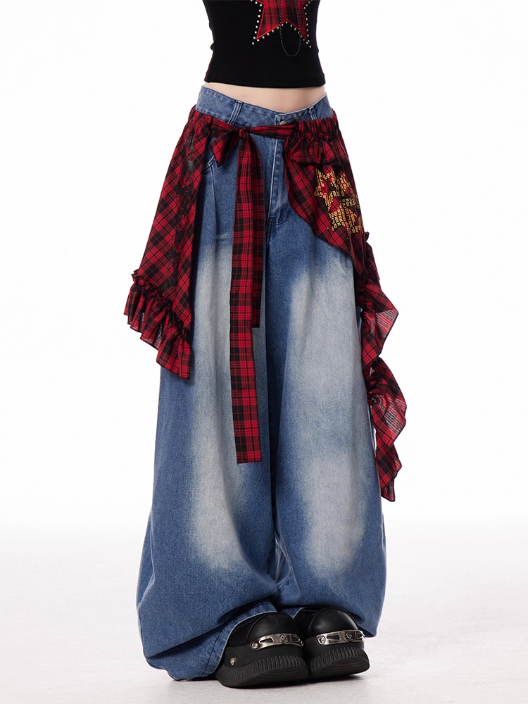 Wide-leg Jeans with Blue Accessory Plaid Faded Wash Vintage Red Rise Waist Low