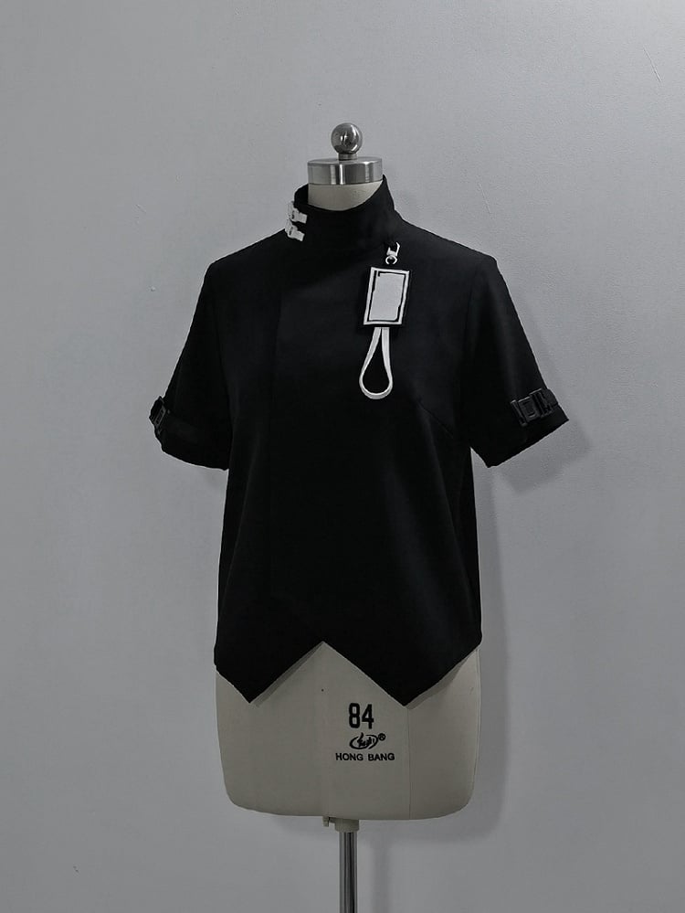Techwear Fashion Neck Short Ouji Futuristic High Sleeves Top Black