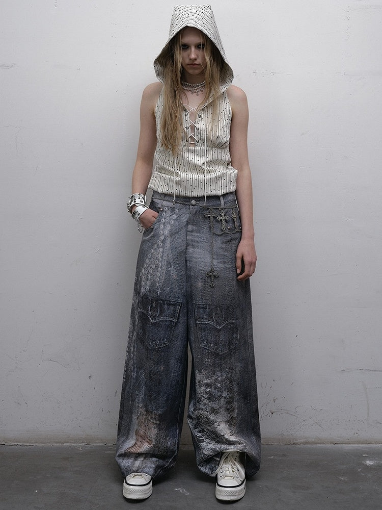 Print Top White Star Pattern Lace-up Sleeveless Hoodie Striped Detail