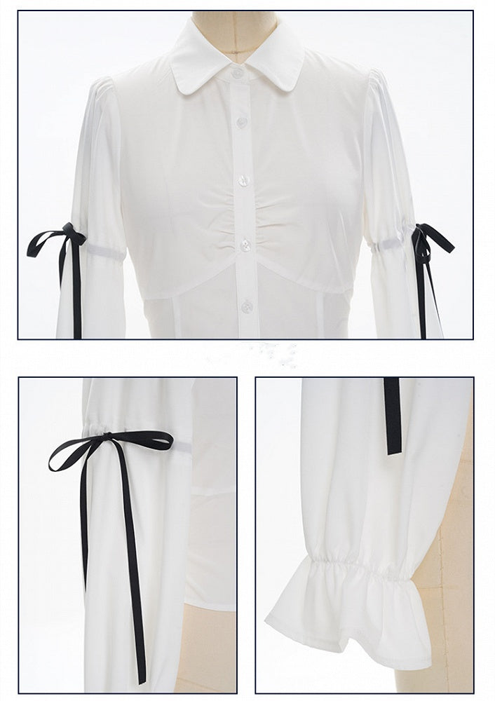 Suspender Skirt White High Waist Black Preppy Set- Full Overalls Shirt +