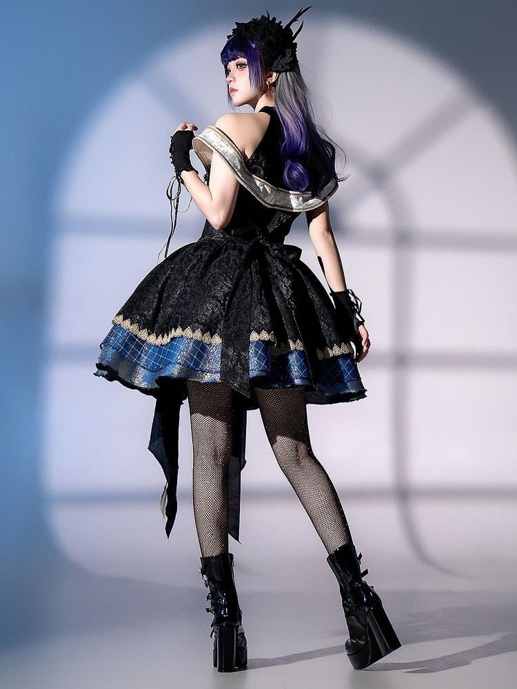 Skirt Gothic Design Cross Off-shoulder and Mock Front Print Jumper Cascading Neck Ruffles