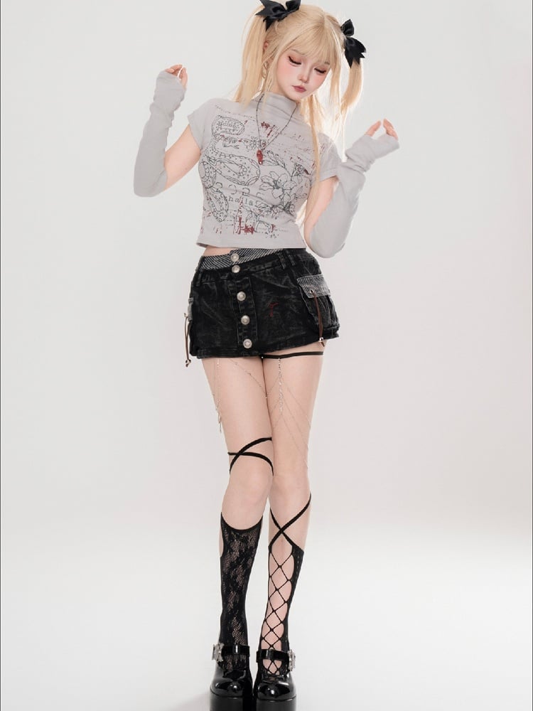 Edgy Y2K Kawaii Snake Schwarz/Hellgrau T-Shirt mit abnehmbaren Ärmeln