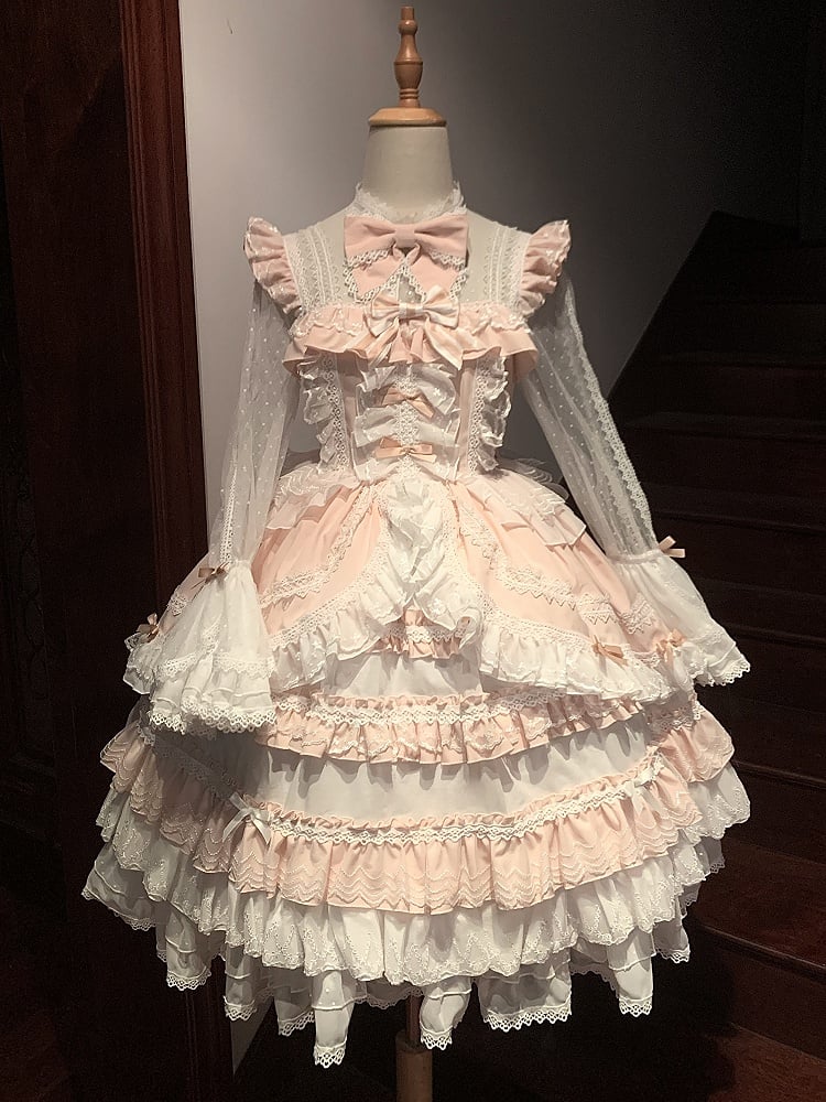 Piece Pink Bowknots Skirt Hime Lolita Dress Sweet Bell Sleeves Layered Bodice on One