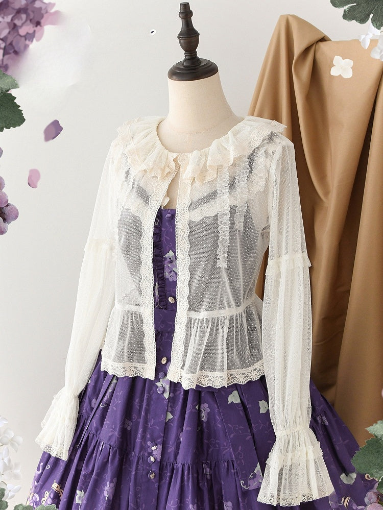 Long Sleeves Dotted Creamy Top Tulle Sheer