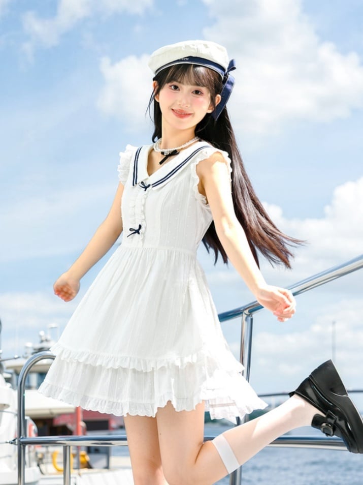 Trim Tiered Skirt Sleeveless Dress Contrast White Sailor Collar Flutter Sleeves Blue