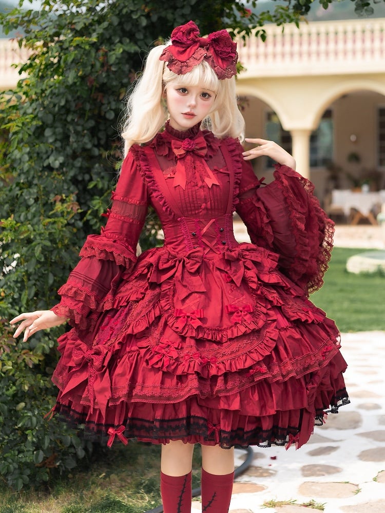 Layered Under Ruffle Dress Bust Wine Hem Bow Gothic Accents Lolita Red with