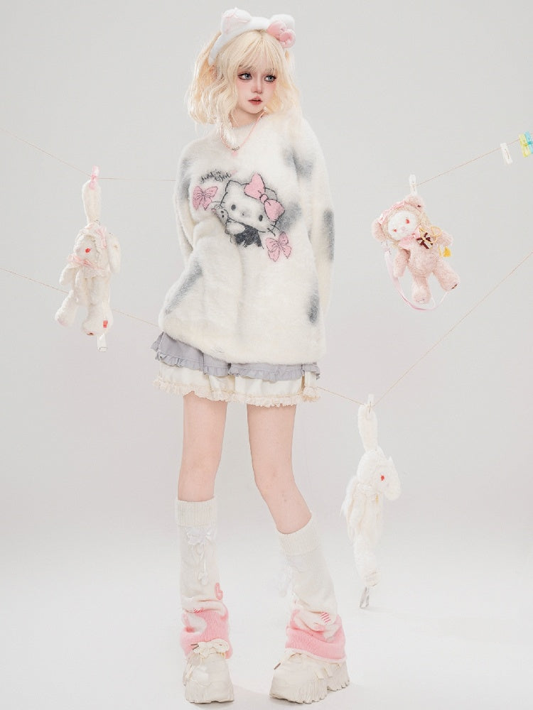Milk White Kitty Graphic Distress Trim Loose Sweater