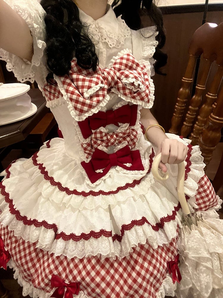 and Hem Scalloped Dress Edge with Sweet Skirt Pattern Lolita Gingham Tiered White Trim Red
