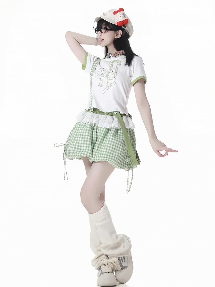 Bubble Shorts Grün Plaid Overalls Abnehmbare Träger Schulter
