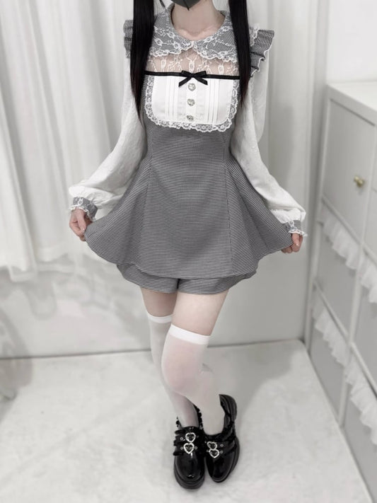 Graue Shorts mit Hahnentrittmuster und Peter-Pan-Kragen