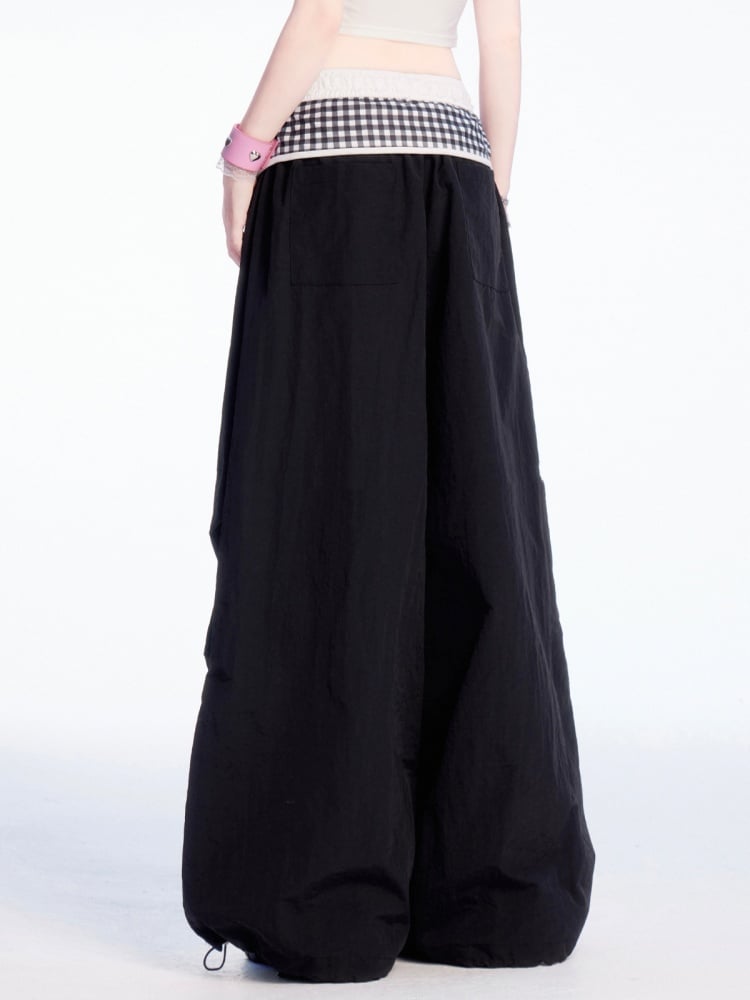 Patchwork Wide-leg Casual Pants Plaid Waist Drawstring Cuffs Black
