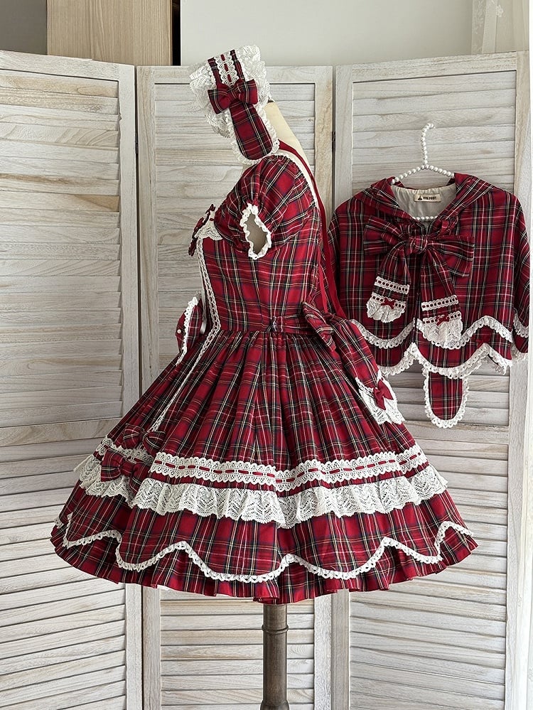 mit Lolita-Scalloped und Puff Trim Schleife Akzente süße Plaid Rand Ärmel rot
