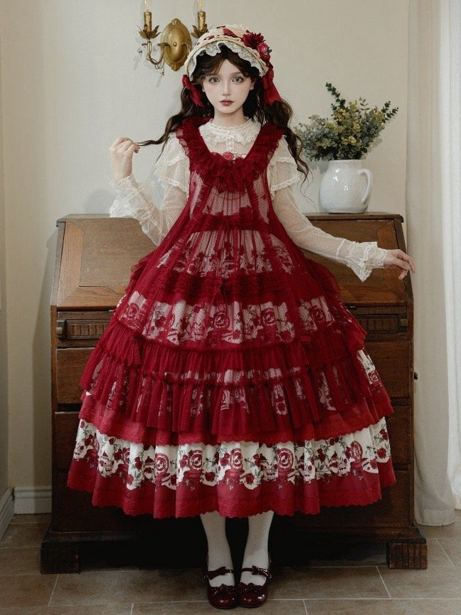 Klassisches Lolita-Teekannenrock-Print in Rot mit gestuftem Rosen-Blumenmuster und Pulloverkleid