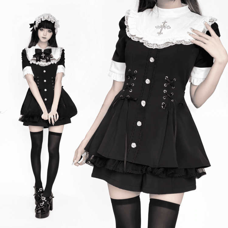 with Style Short Jirai - Sleeve and Bib Kei White Dress Tie Set Black Nun Bow
