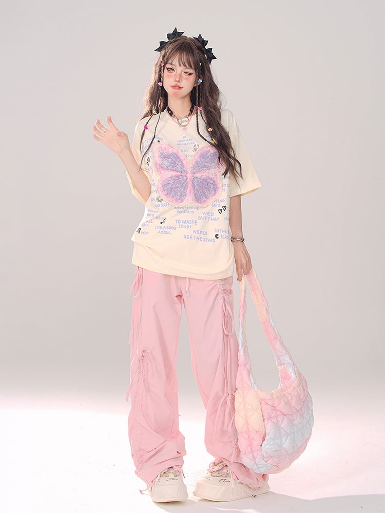 Pink Low Waist Wide-Leg Pants with Asymmetrical Drawstring Bows - Daily Kawaii Style