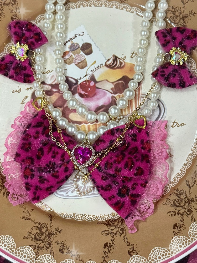 Rhinestone Color Pendant Options Heart 4 Beaded Pattern And Bowknot Leopard Necklace