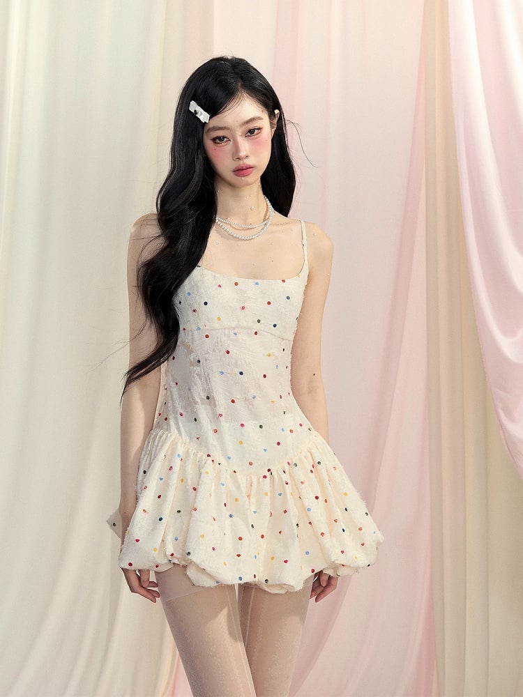 Bow Bubble Polka-Dot Pattern Cami Dress Mini Back Apricot Self-tie Skirt