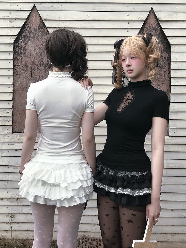 Gestufter Cross Skort Gothic Schwarz/Weiß Elastische Taille Spitzenbesatz Pumphose
