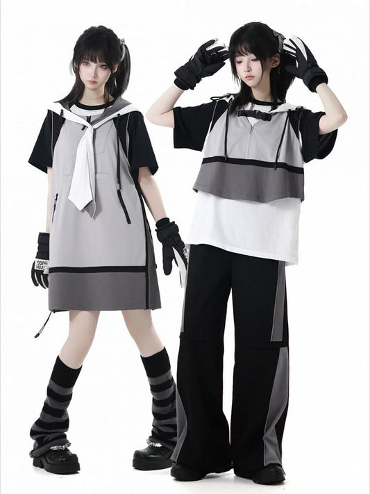 Dress Side Techwear Hooded Vest Gray Colorblock Design Drawstring