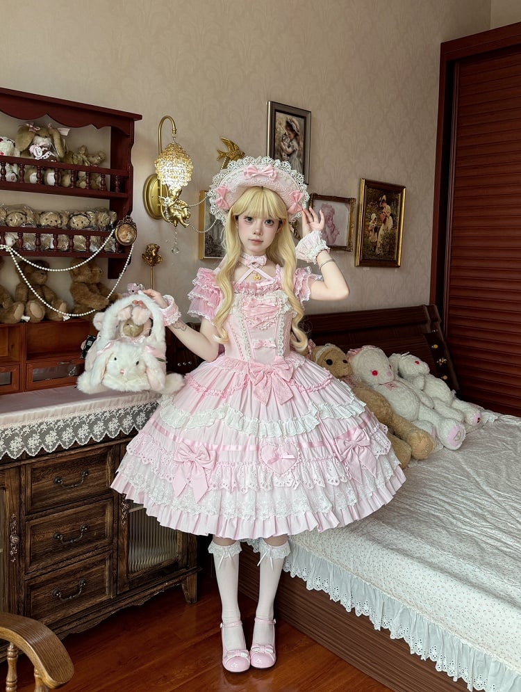 Rosa und weißes Old School Lolita-Kleid mit Schleifen und herzförmiger Dekoration, Prinzessinnen-Lolita-Pulloverrock