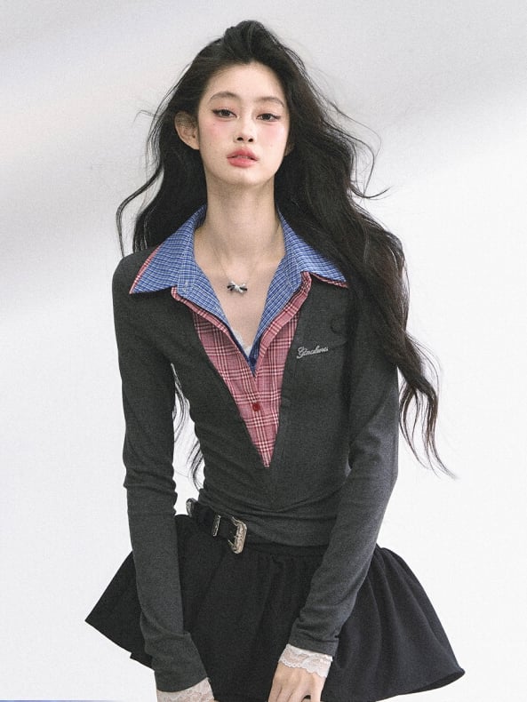 Plaid Collar Gray Slim-fitting Top Faux Two-pieces Red