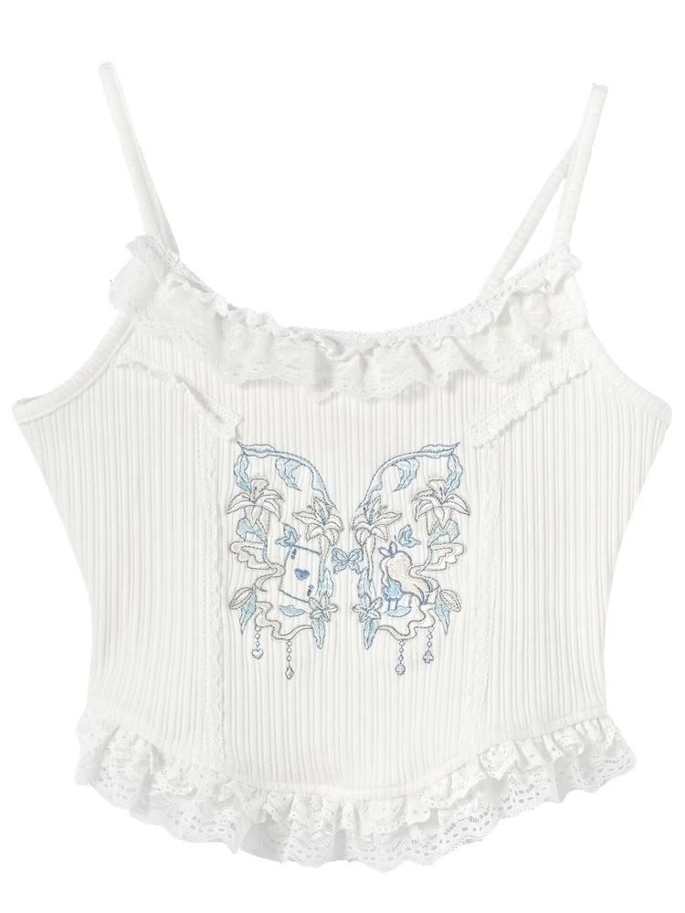 White Butterfly Embroidery Ruffled Lace Hem Holiday Cami Top