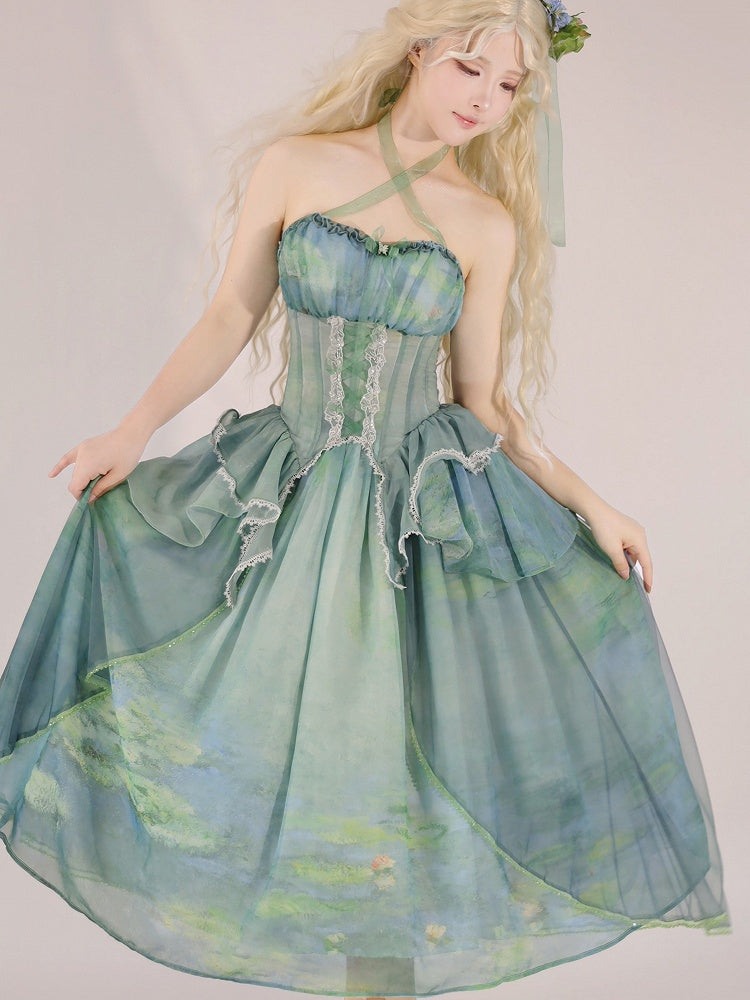 Fairy Oil Tiered Flounce Hem Halter Boned Corset Top Green Painting Print