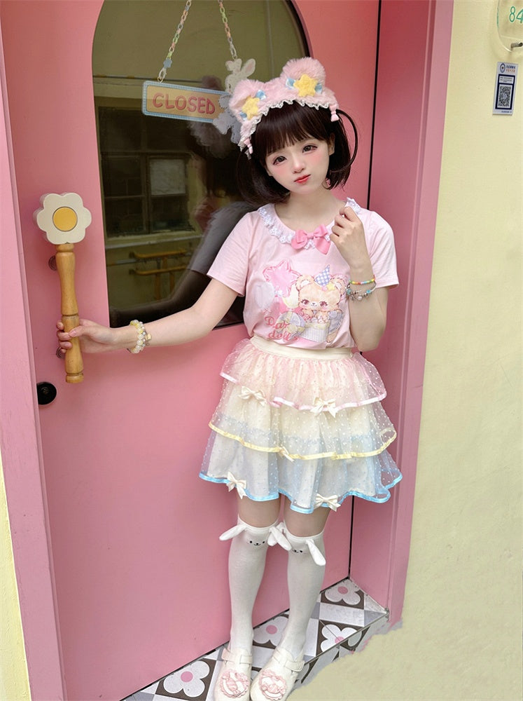Ruffled Adorable Teddy Bear Print Bowknot Pink/Yellow Neckline Embellished T-Shirt
