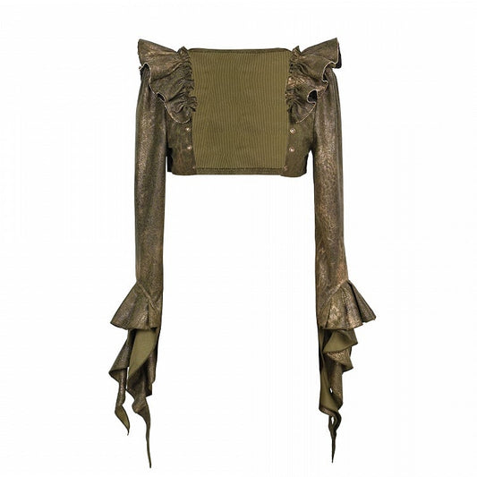 Green Asymmetrical Ruffled Cuff Shrug with Flutter Sleeve Detail