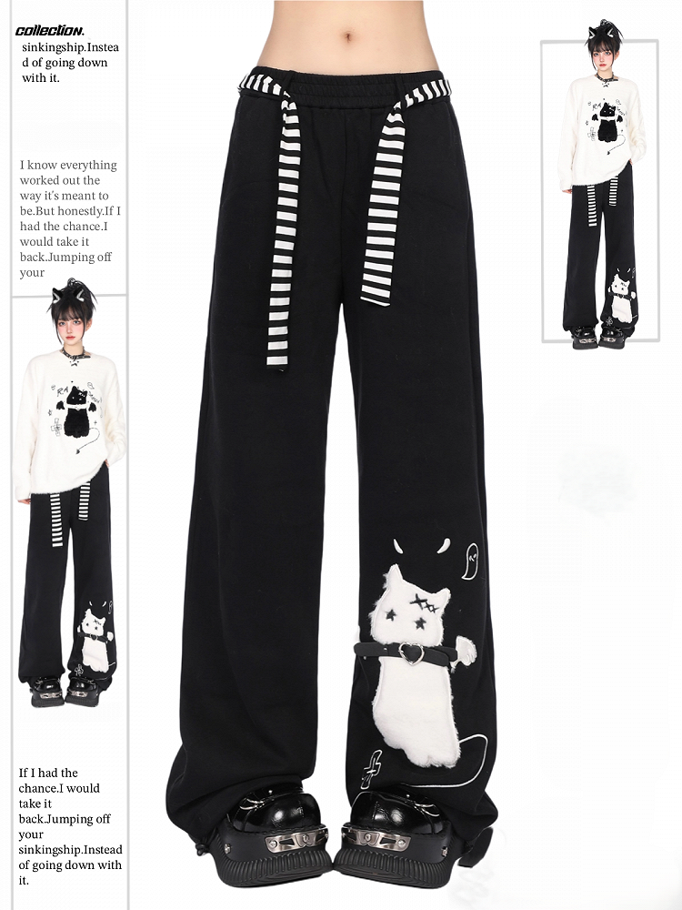 Regular/Thicken Black Wide-Leg Sweatpants with Fuzzy Embroidered Cat and Belted Collar Accent