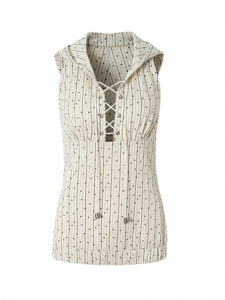Print Top White Star Pattern Lace-up Sleeveless Hoodie Striped Detail