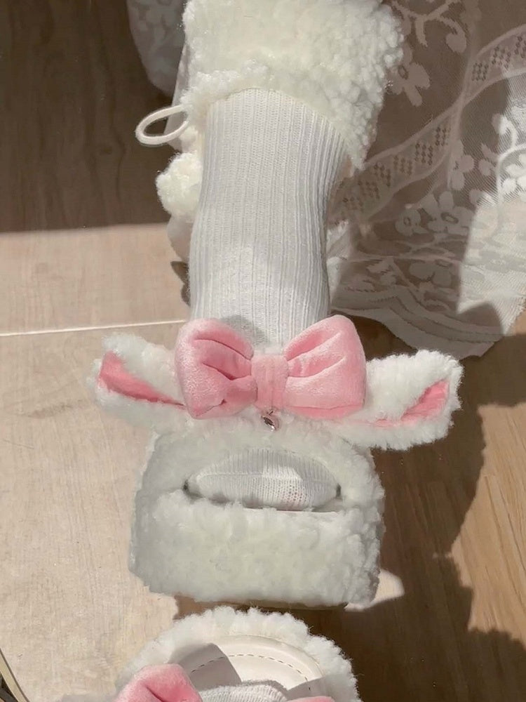 White Cute Bow Accents Lamb Ears Platform Winter Slipper