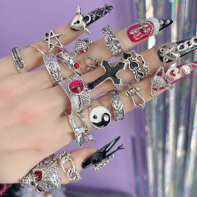 Y2K Silver Rings Set Glamorous 16