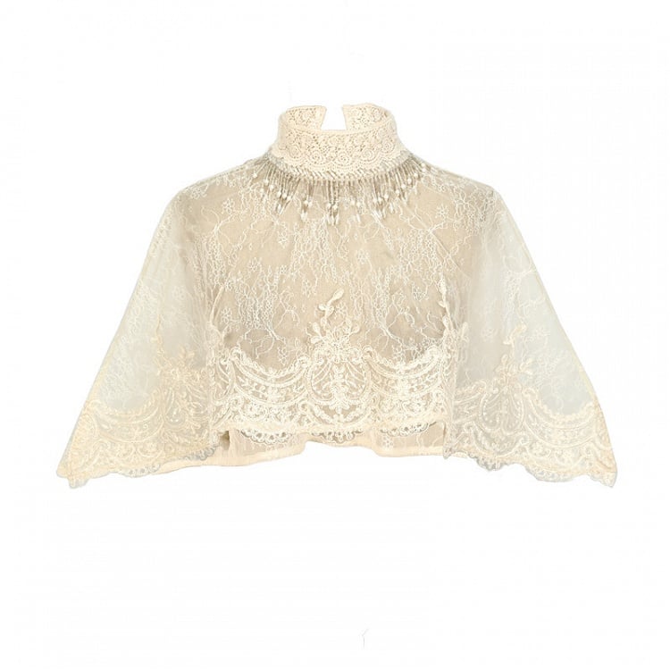 Bead High Shawl Victorian Cream Collar Lace Light Tassels Cape