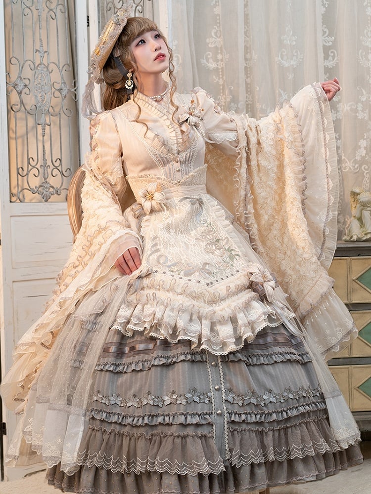 ユリの刺繍アップリケレイヤードヘムグレークラシックロリータドレスフロントボタンプラケット