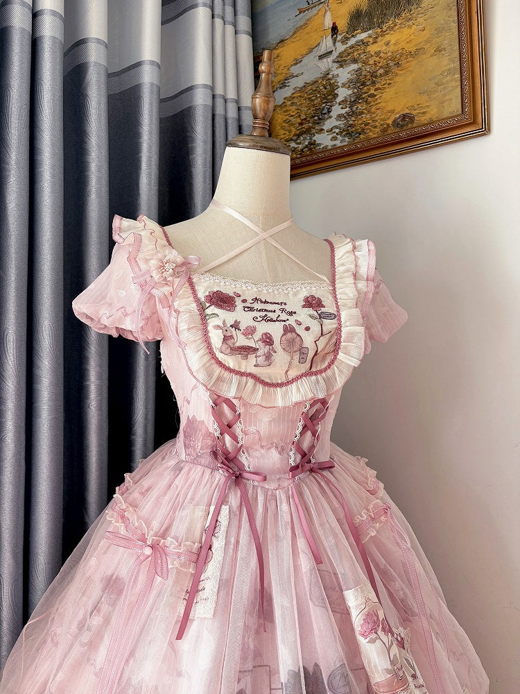 Waist Scalloped Pink Trim Bunny Edge Princess Dress Skirt Lolita Print Ruffle Basque